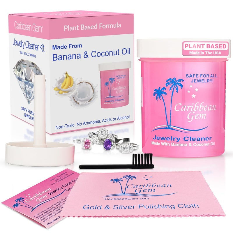 Caribbean Gem Jewelry Cleaner Kit 8oz with Basket, Brush & Polishing Cloth - All Purpose Jewelry Cleaner Solution for Gold, Silver, Diamonds, Rings, Necklaces, Gems, Precious Stones & Metals - Image 1